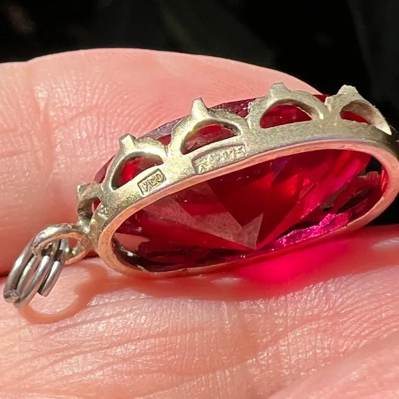 VINTAGE RUBY RED PASTE USSR SOVIET RUSSIAN PENDANT 875 STERLING SILVER STAMPED